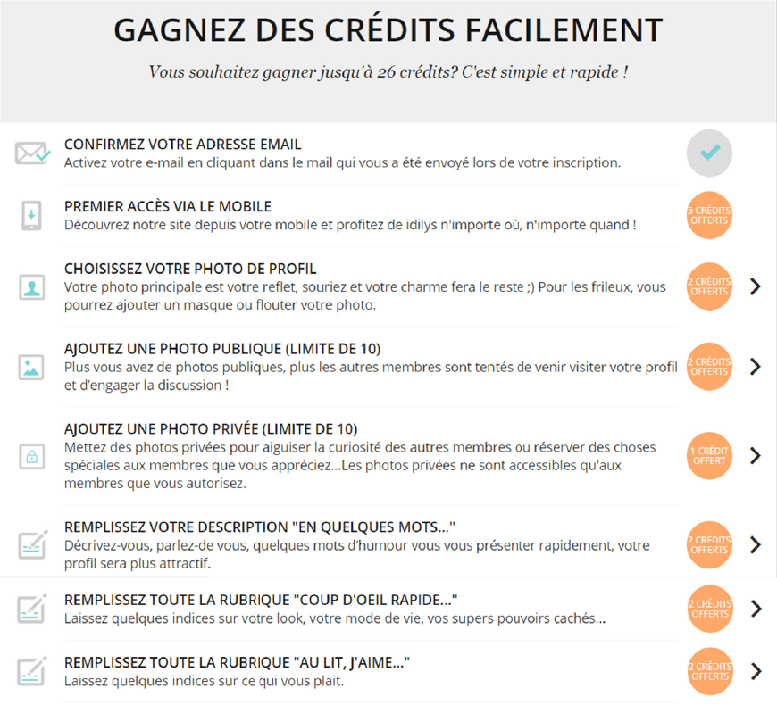 liste gagnez des credits idilys