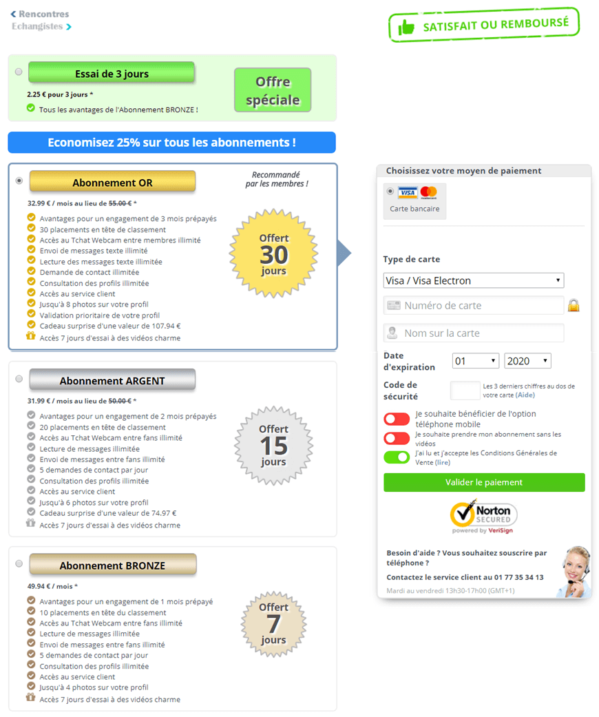 pack tarifs abonnement Echangisme-rencontre