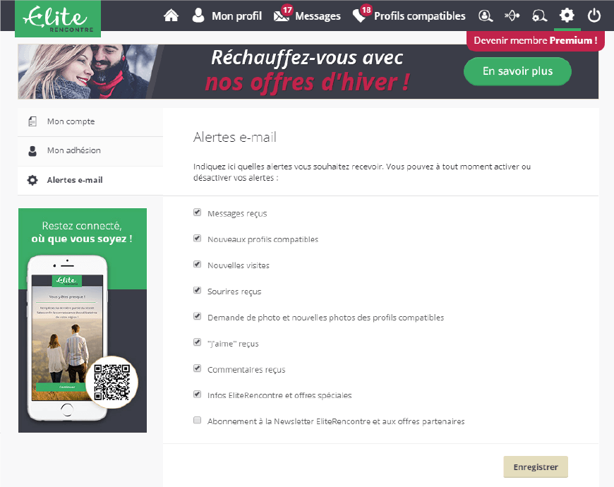 page parametrage notifications et alertes eliterencontre