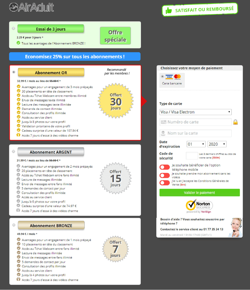 page tarifs abonnement air-adult