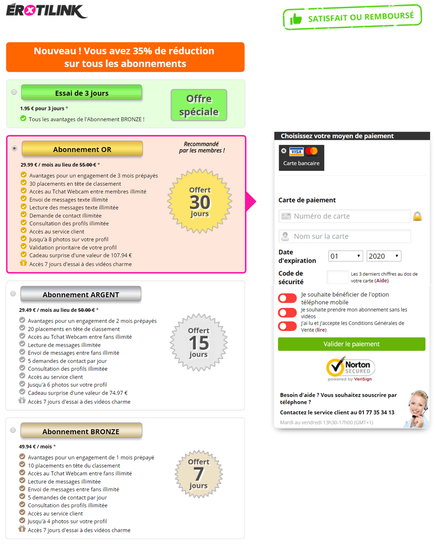 page tarifs pack abonnement erotilink