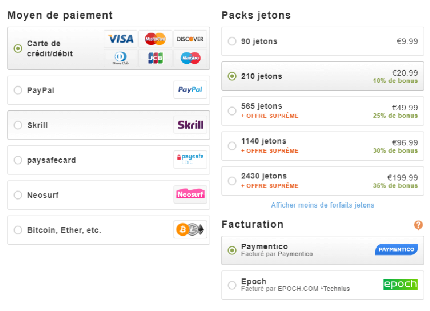 liste tarifaire packs jetons avis stripechat