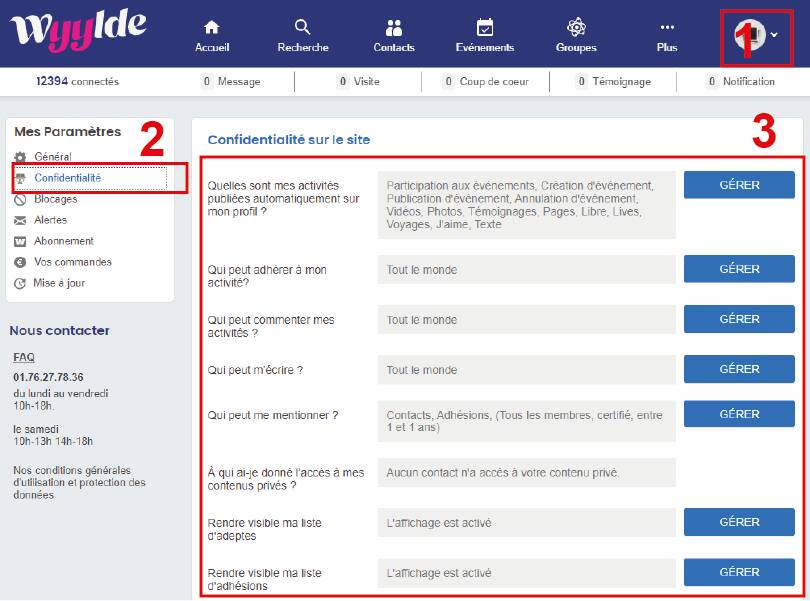 gestion confidentialité de son compte wyylde