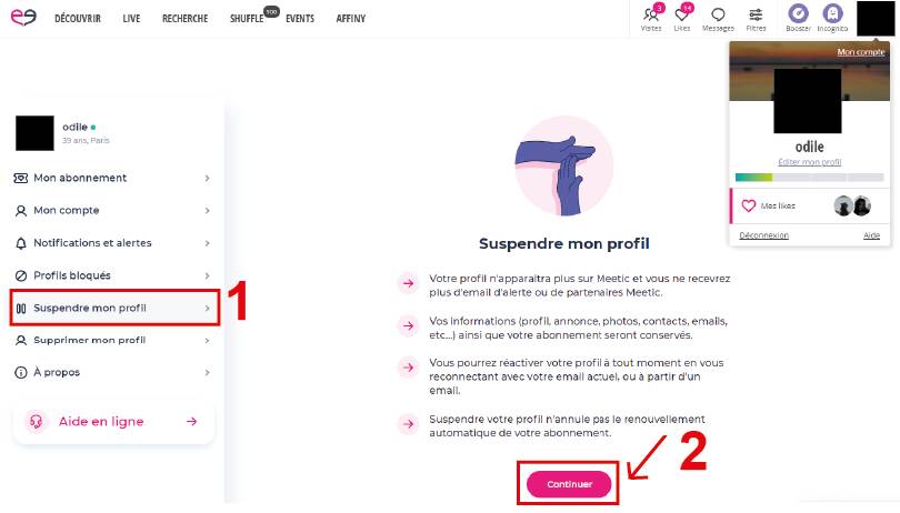 option suspendre compte profil meetic