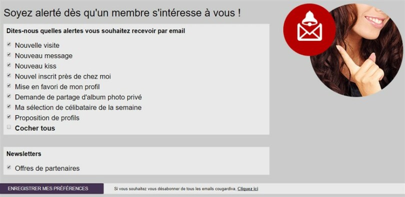 page parametre gestion notification email cougar diva