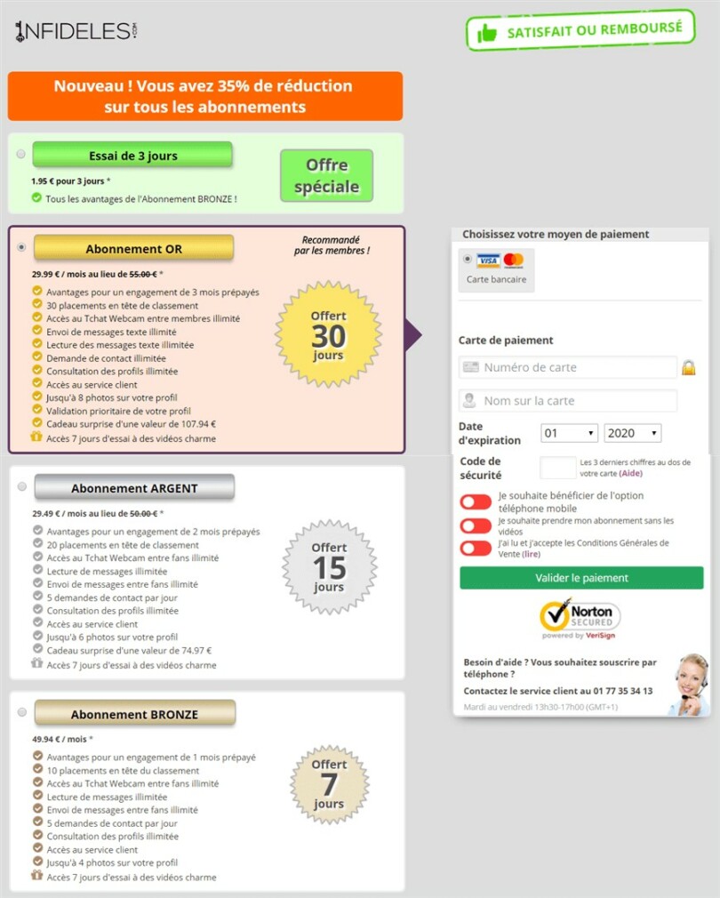 page tarifs packs abonnement site infideles.com