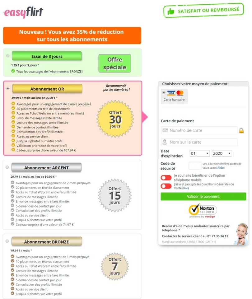 screenshot page tarifs packs abonnement easyflirt