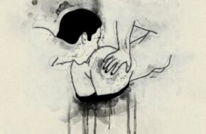 Image en noir et blanc montrant un homme pratiquer le sexe oral sur les fesse de sa partenaire