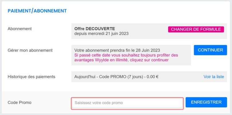 Page de gestion des abonnements et code promo wyylde