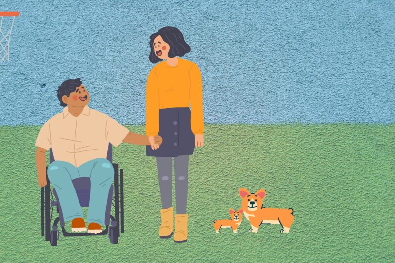 Un dessin d’une femme tenant la main a un homme en fauteuil roulant montrant qu’il est aussi possible d’avoir une relation platonique pour une personne en handicap