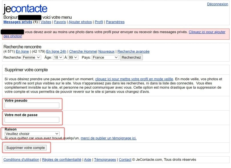 Page de validation JeContacte pour supprimer son compte