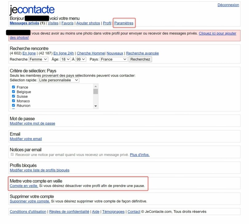 Page des paramètres de son compte Jecontacte