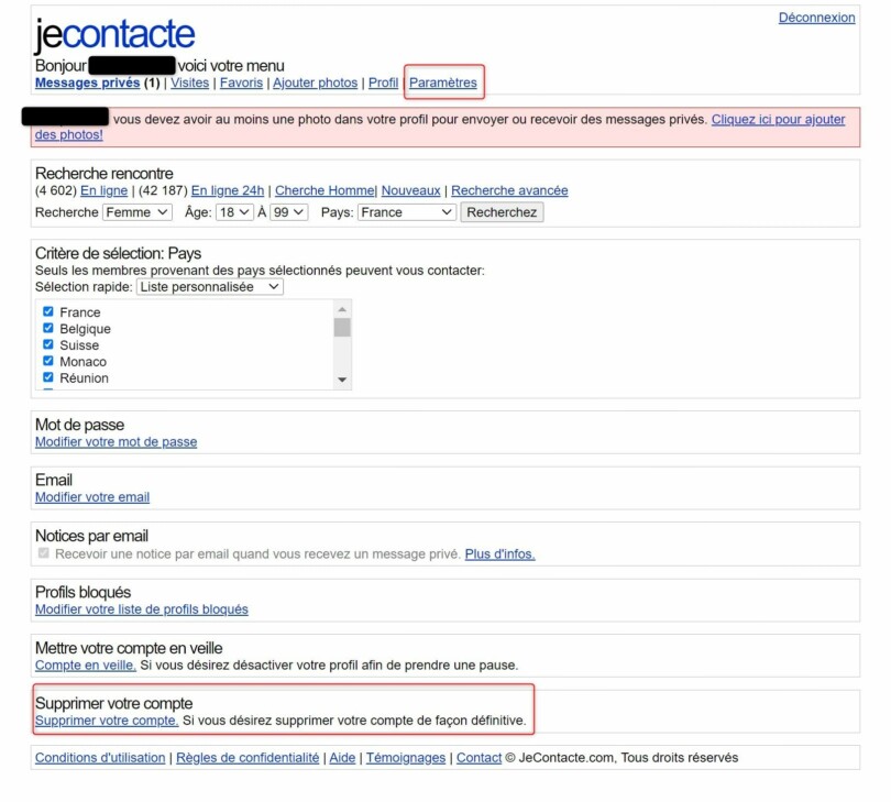 Page des paramètres JeContacte avec l’option supprimer votre compte
