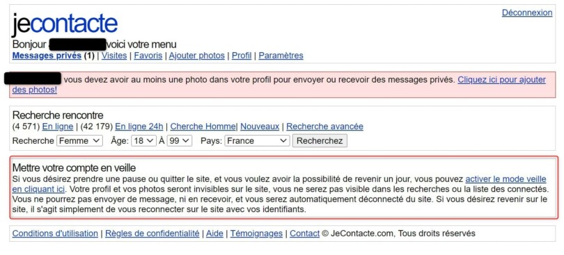 Page pour mettre son compte JeContacte en veille