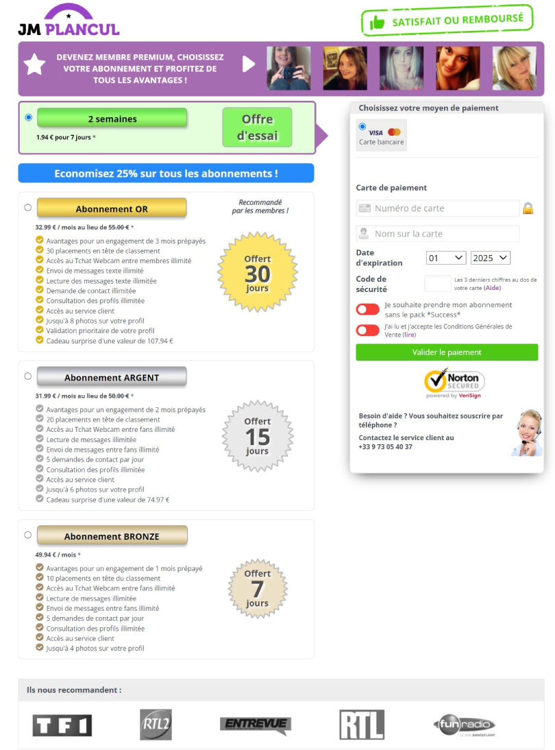 Tableau des offres tarifaires du site d’annonce coquine JM plan cul