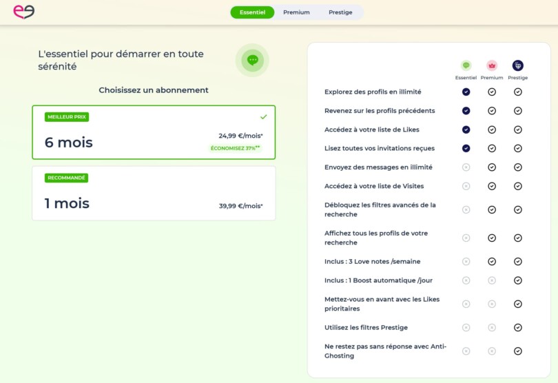 Nouveau tarifs de l’abonnement essentiel de Meetic pour la durée d’abonnement 1 mois et 6 mois avec présentation des fonctionnalité inclus dans l’offre depuis juillet 2025