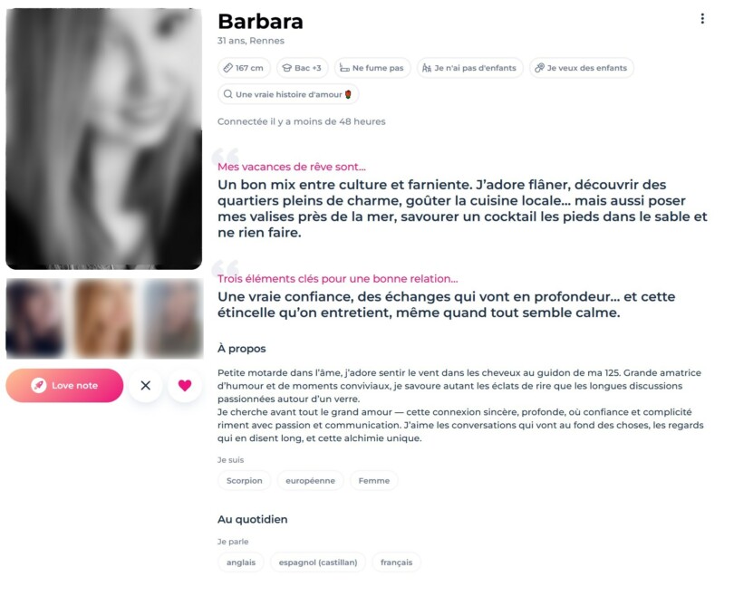 Présentation d’un profil d’une femme inscrite sur Meetic qui est bien compléter et qui attire l’attention