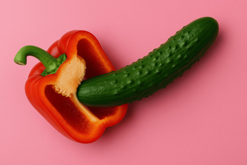 un poivron qui mange un cornichon pour représenter le chevillage, pratique de pegging entre une femme et une homme