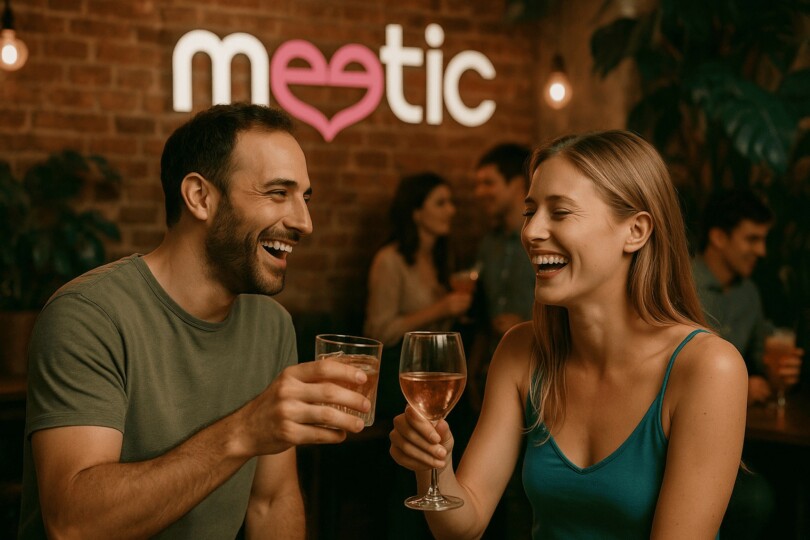 Un homme et une femme qui rigole pendant un speed dating organiser par Meetic dans un bar