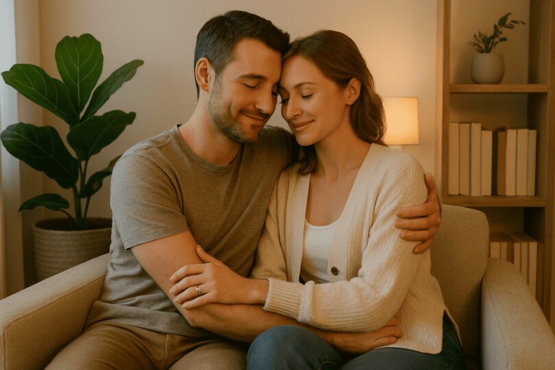 Un homme et une femme amoureux qui s’enlace sur leur canapé les yeux fermer