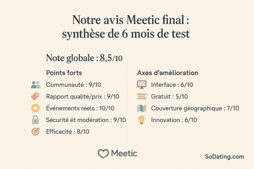 Note global sur notre avis Meetic et note sur les points fort et les axes d’amélioration possible