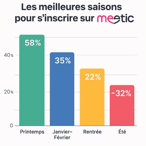 Graphique en pourcentage du taux d’inscriptions sur Meetic selon les saisons