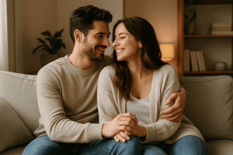 un homme et une femme enlacer sur un canapé