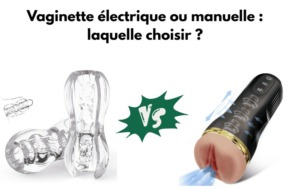 Image comparative montrant une vaginette manuelle transparente à gauche et une vaginette électrique noire à droite, avec le texte « Vaginette électrique ou manuelle : laquelle choisir ? » et un symbole « VS » au centre.