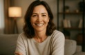Photo réaliste d’une femme souriante d’une quarantaine d’années, cheveux bruns mi-longs, assise dans un salon moderne et lumineux, incarnant confiance et sérénité.
