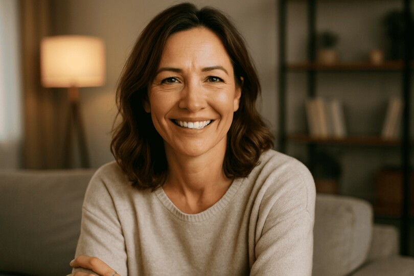Photo réaliste d’une femme souriante d’une quarantaine d’années, cheveux bruns mi-longs, assise dans un salon moderne et lumineux, incarnant confiance et sérénité.