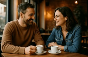 Photo réaliste d’un couple souriant dans un café lors d’un premier rendez-vous, partageant un moment complice autour de deux tasses de café.