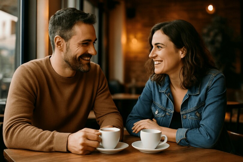 Photo réaliste d’un couple souriant dans un café lors d’un premier rendez-vous, partageant un moment complice autour de deux tasses de café.
