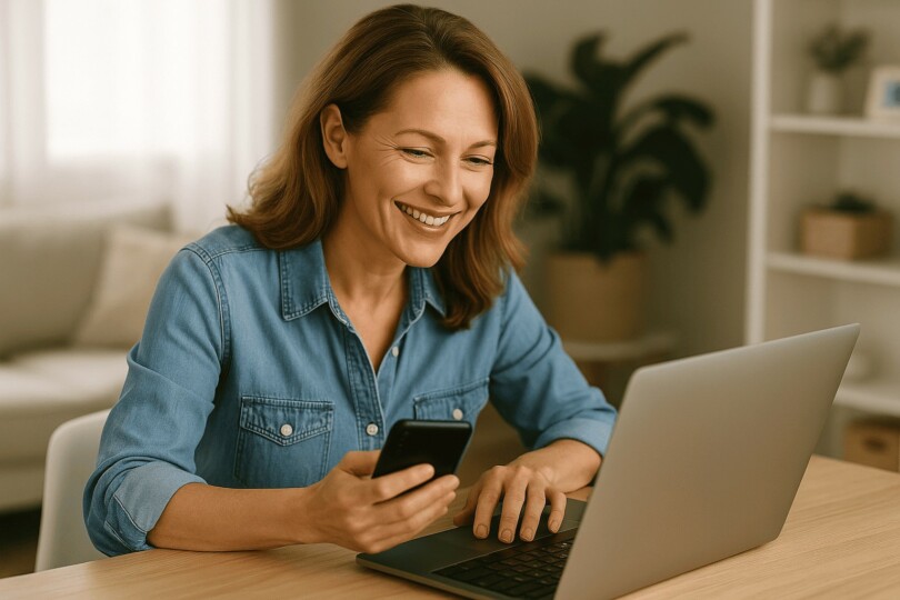 Photo réaliste d’une femme d’une quarantaine d’années souriante en train de réfléchir a comment se présenter sur un site de rencontre, assise à une table avec son ordinateur portable et son smartphone, dans un salon lumineux et moderne.
