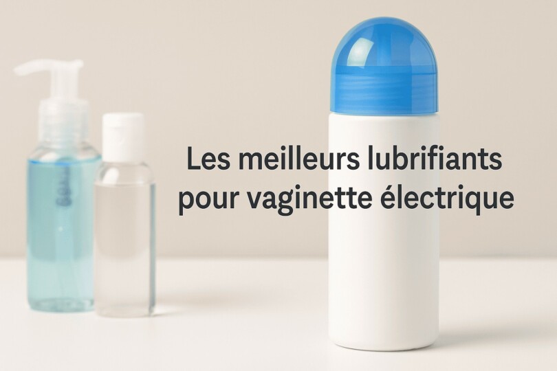 Image rectangulaire montrant différents flacons de lubrifiants intimes posés sur une surface élégante, avec le texte « Les meilleurs lubrifiants pour vaginette électrique » en surimpression.
