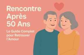 Illustration vectorielle sur fond corail montrant un couple souriant d’une cinquantaine d’années, accompagné du texte « Rencontre Après 50 Ans : Le Guide Complet pour Retrouver l’Amour » et d’un cœur au-dessus d’eux.