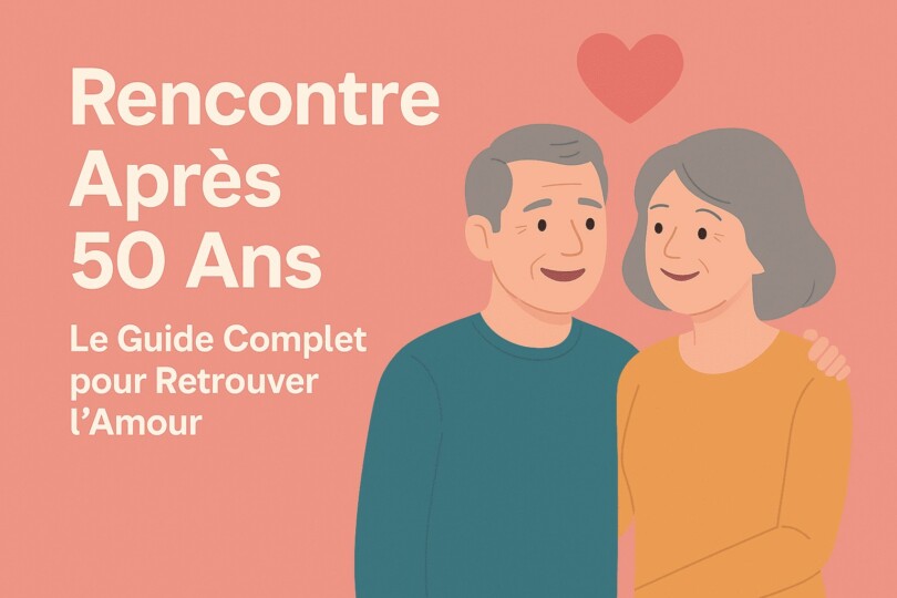 Illustration vectorielle sur fond corail montrant un couple souriant d’une cinquantaine d’années, accompagné du texte « Rencontre Après 50 Ans : Le Guide Complet pour Retrouver l’Amour » et d’un cœur au-dessus d’eux.