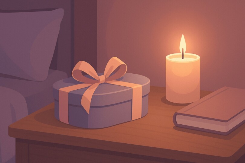 Illustration d’une chambre intime avec une table de nuit et une ambiance douce, représentant le thème choisir son premier sextoy et la découverte du plaisir en douceur.