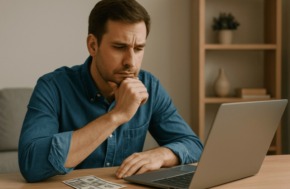 combien coûte vraiment un site de rencontre sérieux homme pensif devant son ordinateur portable avec des billets de banque sur la table