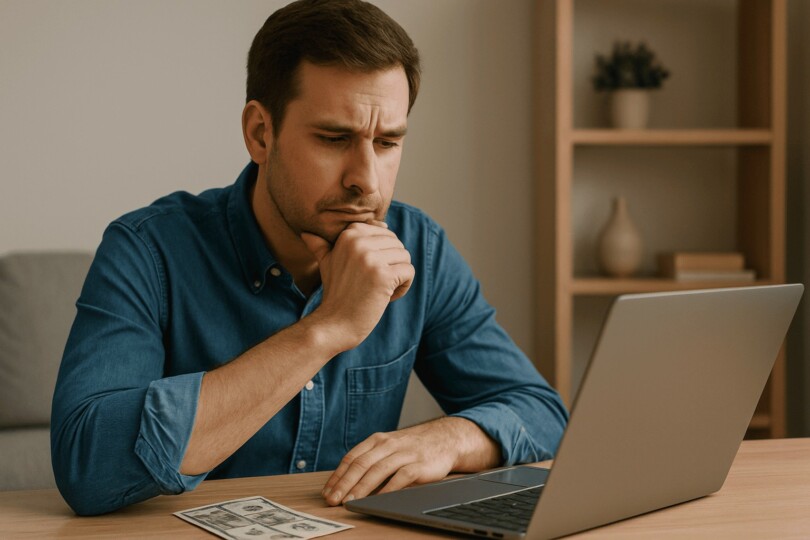 combien coûte vraiment un site de rencontre sérieux homme pensif devant son ordinateur portable avec des billets de banque sur la table
