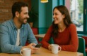 combien de temps avant de rencontrer en vrai un homme et une femme discutent en souriant dans un café