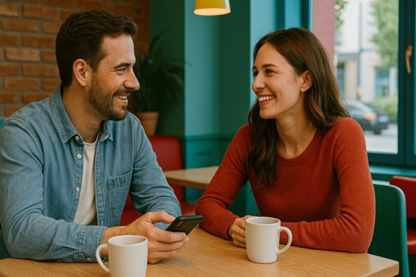 combien de temps avant de rencontrer en vrai un homme et une femme discutent en souriant dans un café