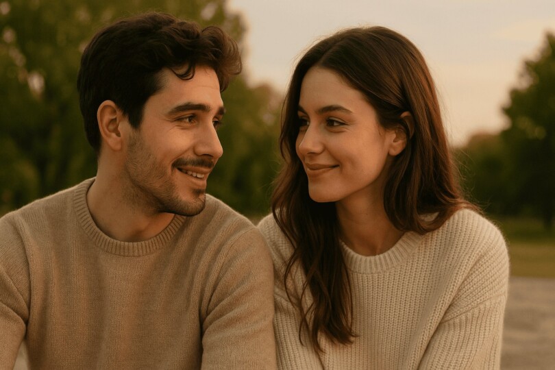 scène romantique représentant comment savoir si je suis amoureux avec un couple souriant dans un parc