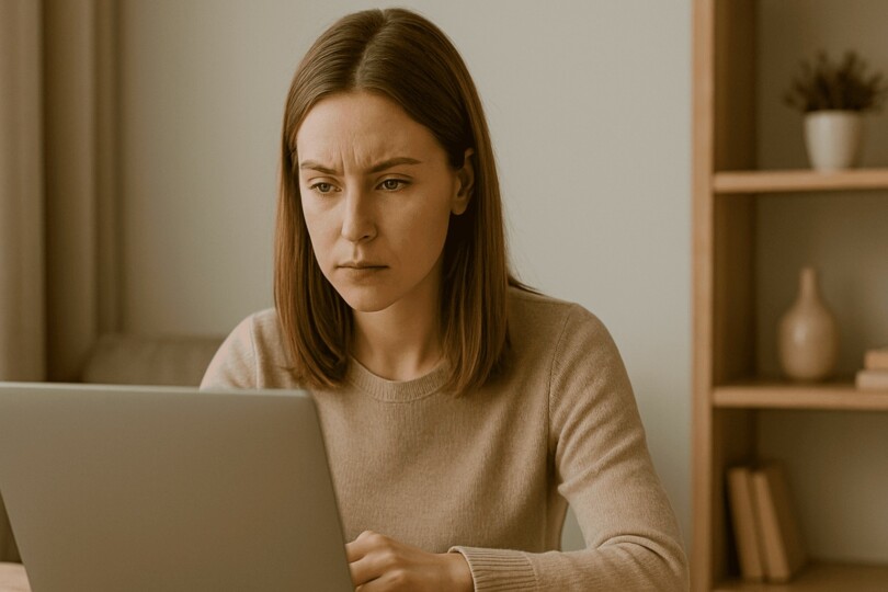 comment savoir si quelqu'un est sérieux sur un site femme concentrée assise sur un canapé regardant son ordinateur portable