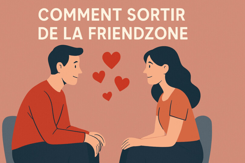 Illustration d’un homme et d’une femme assis face à face, avec des cœurs flottants entre eux et le texte comment sortir de la friendzone affiché en deux lignes.