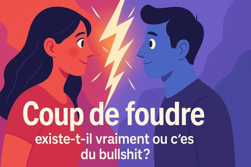 Illustration d’un homme et d’une femme se regardant avec un éclair jaune entre eux, symbolisant le coup de foudre et la question de savoir s’il existe vraiment ou si c’est du bullshit.