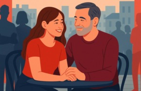 Illustration d’un couple avec une différence d’âge visible, assis à une terrasse de café, souriant l’un à l’autre, tandis que des silhouettes en arrière-plan symbolisent le jugement social.