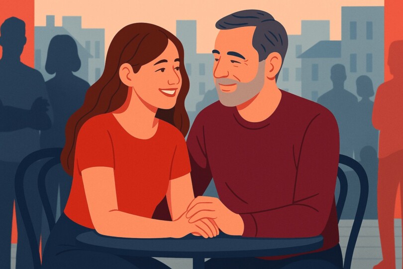 Illustration d’un couple avec une différence d’âge visible, assis à une terrasse de café, souriant l’un à l’autre, tandis que des silhouettes en arrière-plan symbolisent le jugement social.