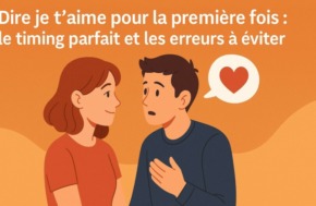 Illustration d’un couple assis face à face, avec un homme prêt à déclarer son amour et une bulle contenant un cœur, symbolisant le moment de dire je t’aime pour la première fois.