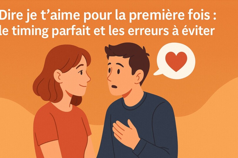 Illustration d’un couple assis face à face, avec un homme prêt à déclarer son amour et une bulle contenant un cœur, symbolisant le moment de dire je t’aime pour la première fois.