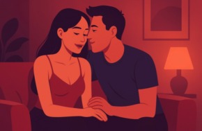 Dirty talk en couple illustré par une scène intime moderne et stylisée sans texte, représentant la complicité et l'excitation partagée.